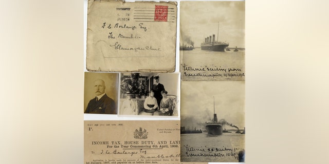 The original mailing envelope that contained the Titanic images, postmarked from Southampton on April 26 1912, and other artifacts included in the lot (Henry Aldridge & Son).