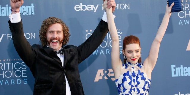 T.J. Miller with his wife Kate Gorney on the carpet at the 22nd Annual Critics' Choice Awards in Santa Monica on December 11, 2016.