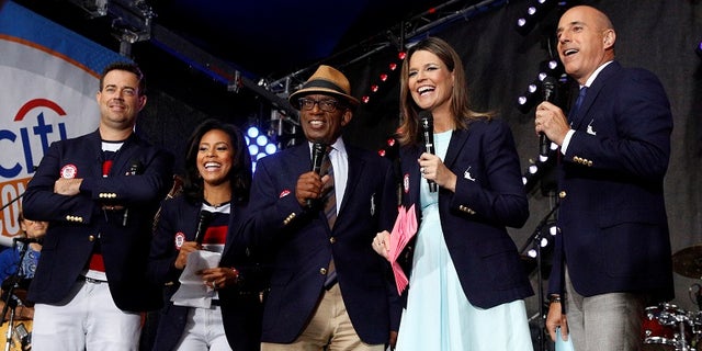 NBC's 'Today' show anchors from-left; Carson Daly, Sheinelle Jones, Al Roker, Savannah Guthrie and Matt Lauer.
