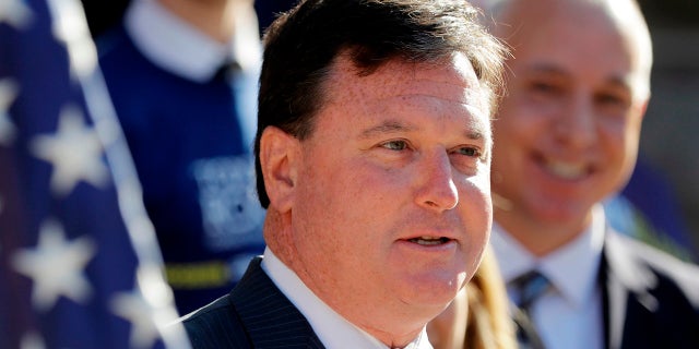 FILE Aug. 9, 2017: Indiana Rep. Todd Rokita speaks during a news conference outside of the Indiana Statehouse in Indianapolis.