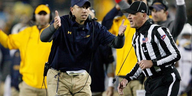 Nov 10, 2015; Mount Pleasant, MI, USA; Toledo Rockets head coach Matt Campbell looks to the ref during the fourth quarter against the Central Michigan Chippewas at Kelly/Shorts Stadium. Rockets win 28-23. Mandatory Credit: Raj Mehta-USA TODAY Sports