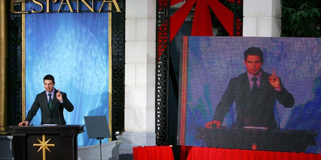 Tom Cruise gives a speech at the opening of a Scientology church in Spain in 2004.