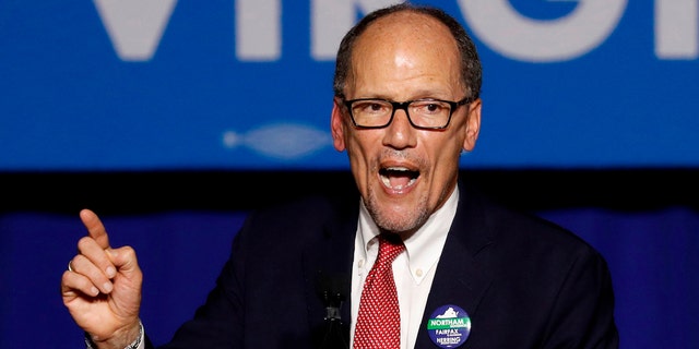 Democratic National Committee Chairman Tom Perez speaks at Ralph Northam's election night rally on the campus of George Mason University in Fairfax, Virginia, November 7, 2017.