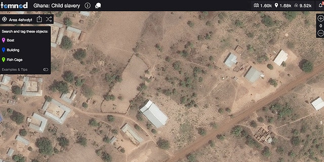 Tomnod started the search campaign with the Global Fund to End Slavery  to track and log every boat, fish cage and building along Lake Volta for the first reliable estimate of child slavery in the region. (Image provided by DigitalGlobe © 2015)