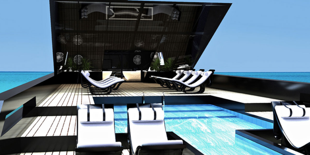 A view of the sundeck and swimming pool.