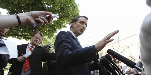 Republican presidential hopeful, former Minnesota Gov. Tim Pawlenty speaks to the media in front of the Cato Institute in Washington, Wednesday, May 25, 2011. (AP Photo/Alex Brandon)