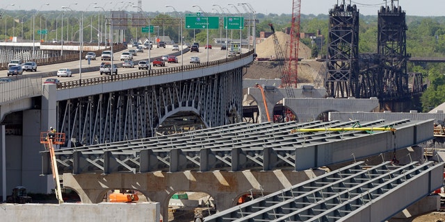 May 17, 2012: The steel skeleton for the eastern end of the new Innerbelt Bridge in Cleveland sits next to the existing span.