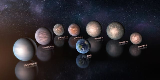 An artist's impression of the seven planets of the TRAPPIST-1 system. Most are rich in volatile materials such as water.