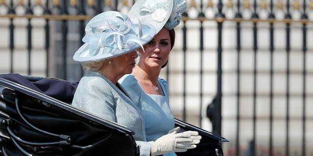 Kate Middleton rode with her mother-in-law while her husband, Prince William and Prince Charles rode with the military on horseback.