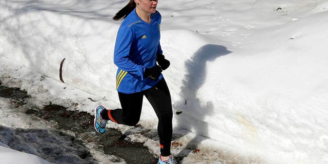 Feb. 27, 2015: Becca Pizzi trains for the Boston Marathon along Heartbreak Hill in Newton, Mass. Pizzi, a veteran of 45 marathons, vies to be the first American woman to complete the World Marathon Challenge -- seven marathons in seven days on seven continents -- in January 2016. (AP)