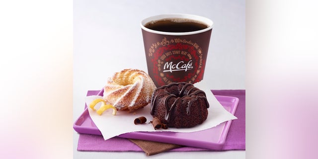 Digital Menuboard frame image: (2) Mini Bundt pastries on purple tray, small McCafe Coffee behind tray