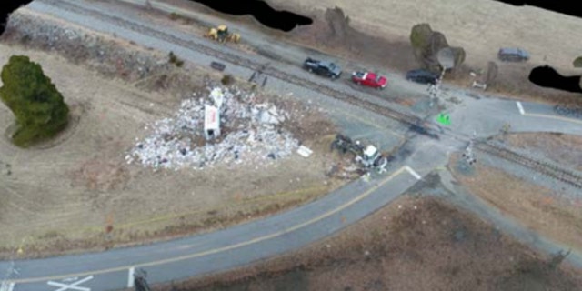 The wreckage of a truck after it was struck at a crossing by a train carrying Republican members of Congress in Virginia.