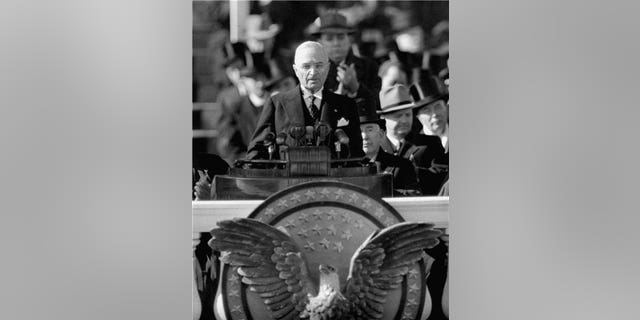 President Truman delivers his inaugual address in 1949 (AP Photo)