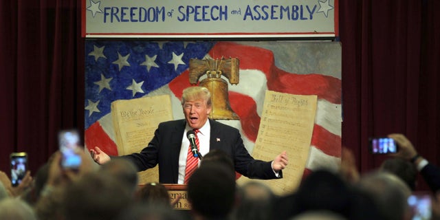 Republican presidential candidate Donald Trump speaks at the South Carolina Tea Party Convention, Saturday, Jan. 16, 2016, at the Springmaid Beach Resort in Myrtle Beach, S.C.(AP Photo/Willis Glassgow)