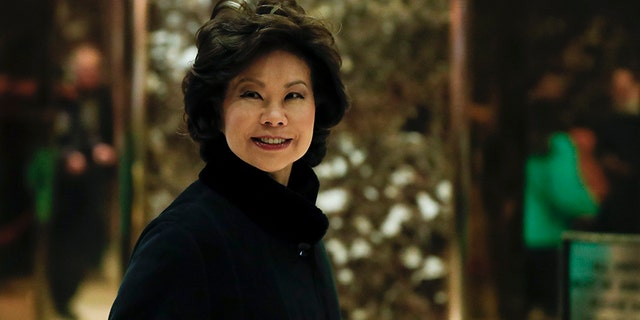 FILE - In this Nov. 21, 2016 file photo, Transportation Secretary-designate Elaine Chao arrives at Trump Tower in New York. Propelled by populist energy, President-elect Donald Trumpâs candidacy broke long-standing conventions and his incoming Cabinet embodies a sharp turn from the outgoing Obama administration. (AP Photo/Carolyn Kaster, File)