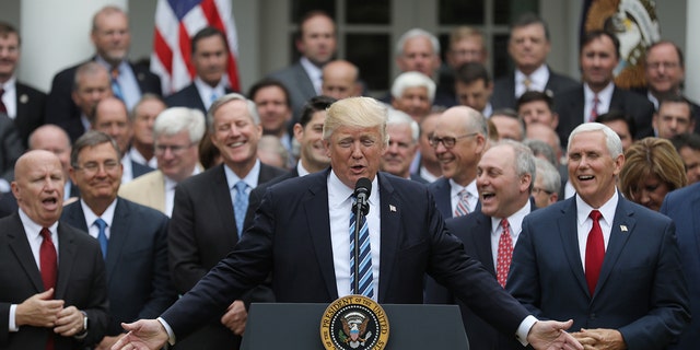 President Trump gathers with Vice President Mike Pence and Congressional Republicans in the Rose Garden of the White House after the House of Representatives approved the American Healthcare Act to repeal major parts of Obamacare and replace it with the Republican healthcare plan, on May 4, 2017.