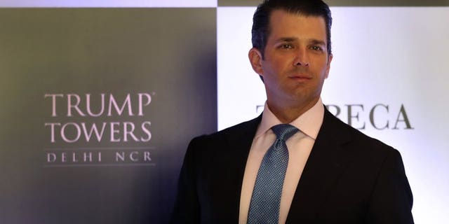 Donald Trump Jr. is seen in New Delhi, India, during his business trip this week. The eldest son of President Donald Trump is looking to sell luxury apartments.