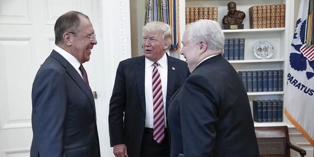 Russian ambassador Sergey Kislyak, at right, meets with President Trump and Russian Foreign Minister Sergey Lavrov. The May 10, 2017 meeting took place the same day Trump fired James Comey as FBI Director. Trump was widely criticized during the meeting for revealing information to the Russians about intelligence obtained from Israel about an ISIS terror plot involving laptop bombs. Although the president has the authority to disclose classified information, critics charged the move was reckless and endangered Israeli sources. (AP)