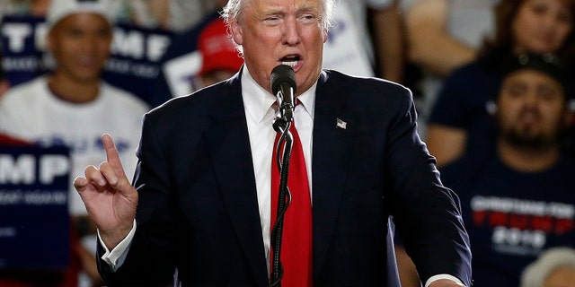 FILE - Republican presidential candidate Donald Trump speaks in Albuquerque, N.M.