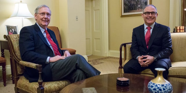 Jan. 6, 2017: Senate Majority Leader Mitch McConnell, R-Ky., left, meets with Environmental Protection Agency (EPA) Administrator-designate Scott Pruitt, right, on Capitol Hill in Washington.