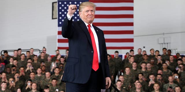 President Donald Trump arrives speaks to service members at Marine Corps Air Station Miramar, Tuesday, March 13, 2018, in San Diego. (AP Photo/Evan Vucci)