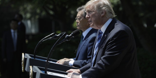 President Trump at a news conference with South Korean President Moon Jae-in.