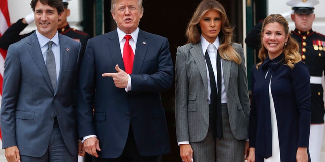 President Trump, center left, blasted Canadian Prime Minister Justin Trudeau, left, as "indignant" on Twitter Thursday. The two reportedly had a confrontational phone call last month over trade.