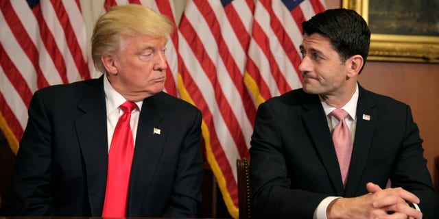 FILE -- November 10, 2016: U.S. President-elect Donald Trump (L) meets with Speaker of the House Paul Ryan (R-WI) on Capitol Hill in Washington.