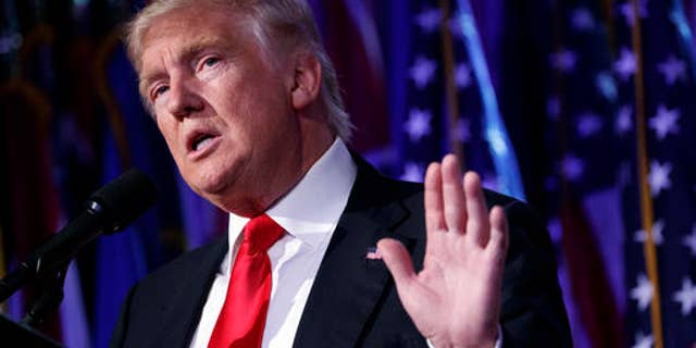 In this Nov. 9, 2016, photo, President-elect Donald Trump speaks during a rally in New York.
