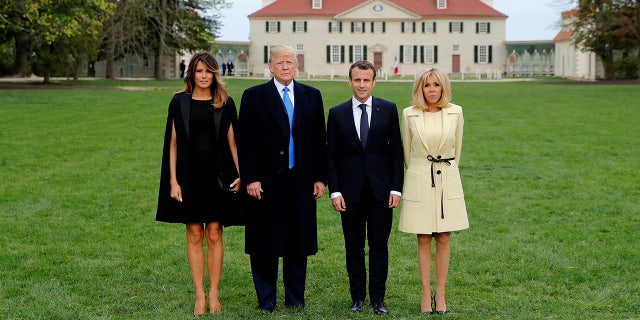 President Donald Trump, first lady Melania Trump, French President Emmanuel Macron and his wife, Brigitte Macron, have their picture taken on a visit to the estate of the first U.S. President George Washington in Mount Vernon, Va., on Monday.