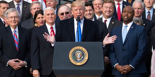 President Donald Trump joined by Senate Majority Leader Mitch McConnell of Ky., Vice President Mike Pence, Speaker of the House Paul Ryan, R-Wis., Sen. Tim Scott, R-S.C., front right, and other members of congress, speaks during an event on the South Lawn of the White House in Washington, Wednesday, Dec. 20, 2017, to acknowledge the final passage of tax overhaul legislation by Congress. (AP Photo/Carolyn Kaster)