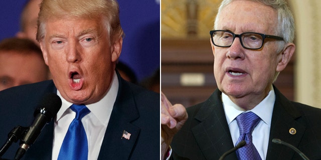 This split shows Republican presidential nominee Donald Trump, left, and Democratic Senate Leader Harry Reid, right.