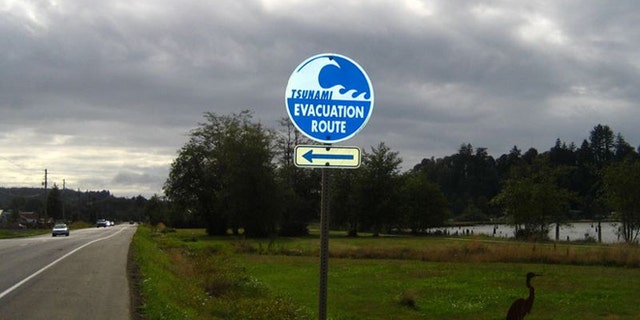 Tsunami evacuation route indicator along the coast of Oregon.