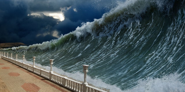 Apocalyptic dramatic background - giant tsunami waves, dark stormy sky  (Ig0rZh) (Credit: iStock)