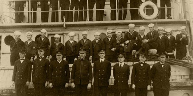 The officers and crew of USS Conestoga, in San Diego, California in 1921. Lost for 95 years, the tug was discovered in the Greater Farallones National Marine Sanctuary off San Francisco.