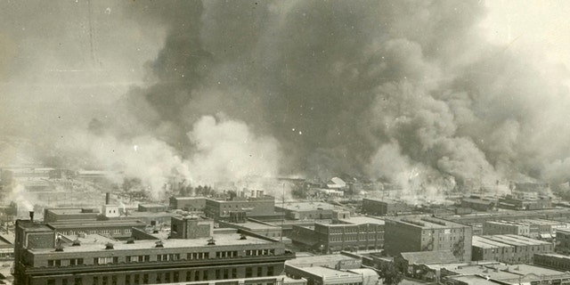 The Greenwood neighborhood of Tulsa, Okla., is burned down during a race riot in 1921.