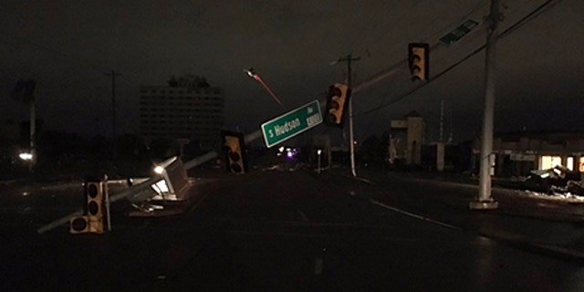 A traffic light is damaged after a possible tornado was reported in Tulsa, Oklahoma.