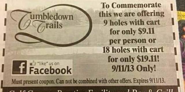 Officials at Tumbledown Trails Golf Course in Verona apologized for the tasteless pitch late Monday, offering would-be golfers “9 holes with cart for only $9.11 per person or 18 holes with cart for only $19.11!” The ad appeared earlier Monday in the Wisconsin State Journal and sparked widespread outrage online.