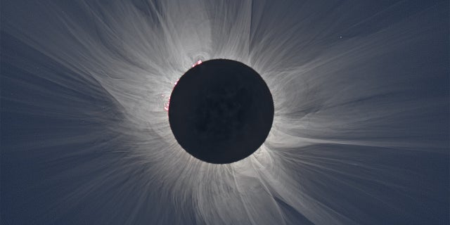 This image is a composite of multiple photographs, and shows the "streamers" in the sun's atmosphere that are visible to the naked eye during a total solar eclipse.