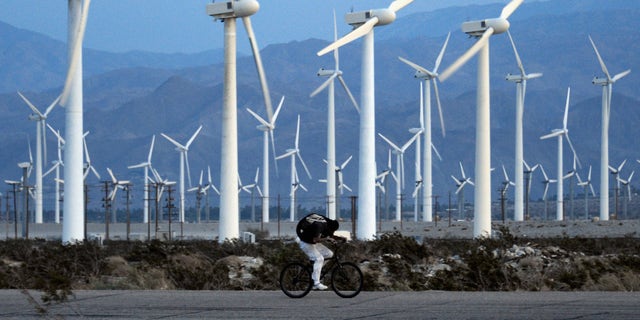 A man rids his bike by giant wind turbines on March 27, 2013, in Palm Springs, California.