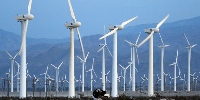 A man rids his bike by giant wind turbines on March 27, 2013, in Palm Springs, California.