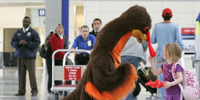 FILE: Abby Harris, 4, checks the wattle on a turkey greeting passengers at Dallas-Fort Worth International Airport in Grapevine, Texas.
