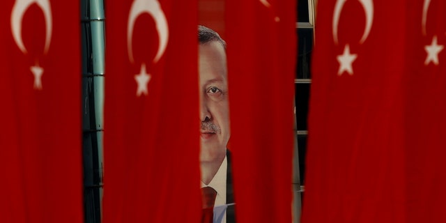 File photo - A picture of Turkish President Tayyip Erdogan is seen through Turkish national flags ahead of the constitutional referendum in Istanbul, Turkey, April 14, 2017. (REUTERS/Alkis Konstantinidis)