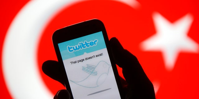 March 21, 2014: A person holds a Samsung Galaxy S4 displaying a Twitter error message in front of Turkish national flag in this illustration taken in Zenica.