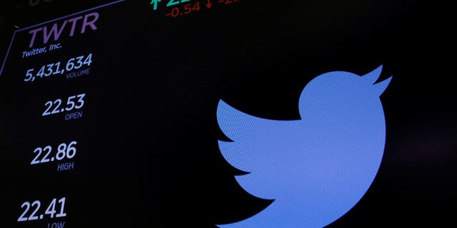 The Twitter logo and stock prices are shown above the floor of the New York Stock Exchange shortly after the opening bell in New York, U.S., January 23, 2018. REUTERS/Lucas Jackson - RC174055D130
