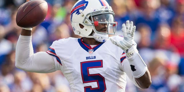 ORCHARD PARK, NY - AUGUST 29: Tyrod Taylor #5 of the Buffalo Bills throws the ball during a preseason game against the Pittsburgh Steelers on August 29, 2015 at Ralph Wilson Stadium in Orchard Park, New York. Buffalo defeats Pittsburgh 43-19. (Photo by Brett Carlsen/Getty Images)