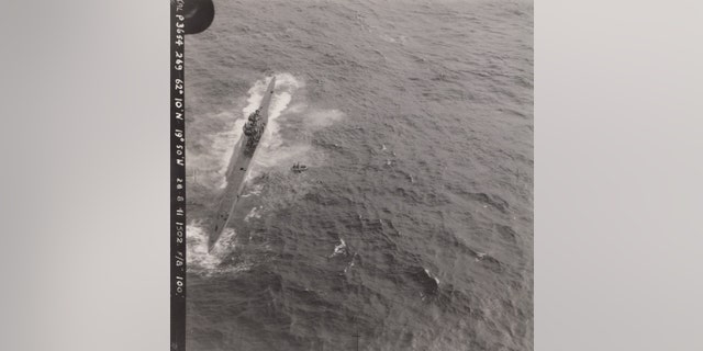 An aerial picture showing the dramatic capture of German submarine U-571 during World War II (Henry Aldridge & Son)