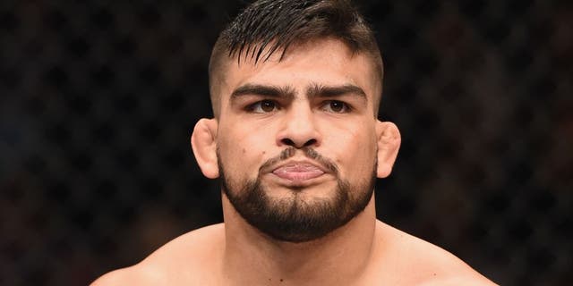 LAS VEGAS, NV - JANUARY 31: Kelvin Gastelum prepares to face Tyron Woodley in their welterweight bout during the UFC 183 event at the MGM Grand Garden Arena on January 31, 2015 in Las Vegas, Nevada. (Photo by Josh Hedges/Zuffa LLC/Zuffa LLC via Getty Images)