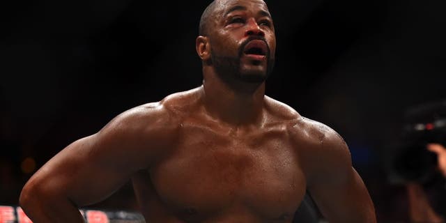 HOUSTON, TX - OCTOBER 03: Rashad Evans walks back to his corner between rounds against Ryan Bader in their light heavyweight bout during the UFC 192 event at the Toyota Center on October 3, 2015 in Houston, Texas. (Photo by Jeff Bottari/Zuffa LLC/Zuffa LLC via Getty Images)