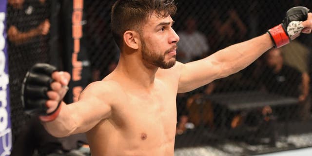 LAS VEGAS, NV - APRIL 23: Yair Rodriguez of Mexico celebrates his knockout victory over Andre Fili in their featherweight bout during the UFC 197 event inside MGM Grand Garden Arena on April 23, 2016 in Las Vegas, Nevada. (Photo by Josh Hedges/Zuffa LLC/Zuffa LLC via Getty Images)
